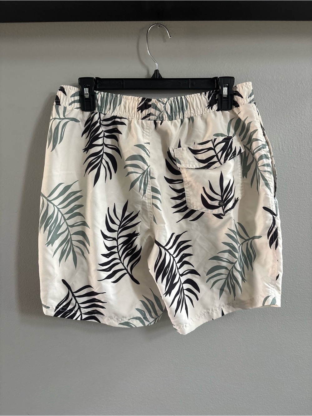 Men's White Palm Leaf Swim Trunks with Black & Sage Print